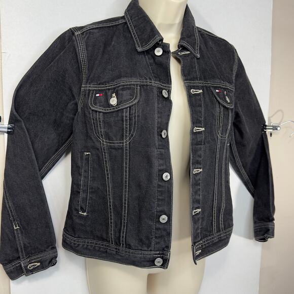 Y2K Tommy Hilfiger Dark Wash Denim Jacket Women’s Small Contrast Stitching - Picture 4 of 16